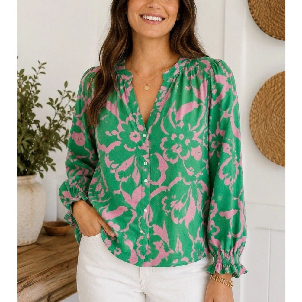 Velvet by Graham & Spencer Green Pink Floral Cotton Peasant Blouse Medium M